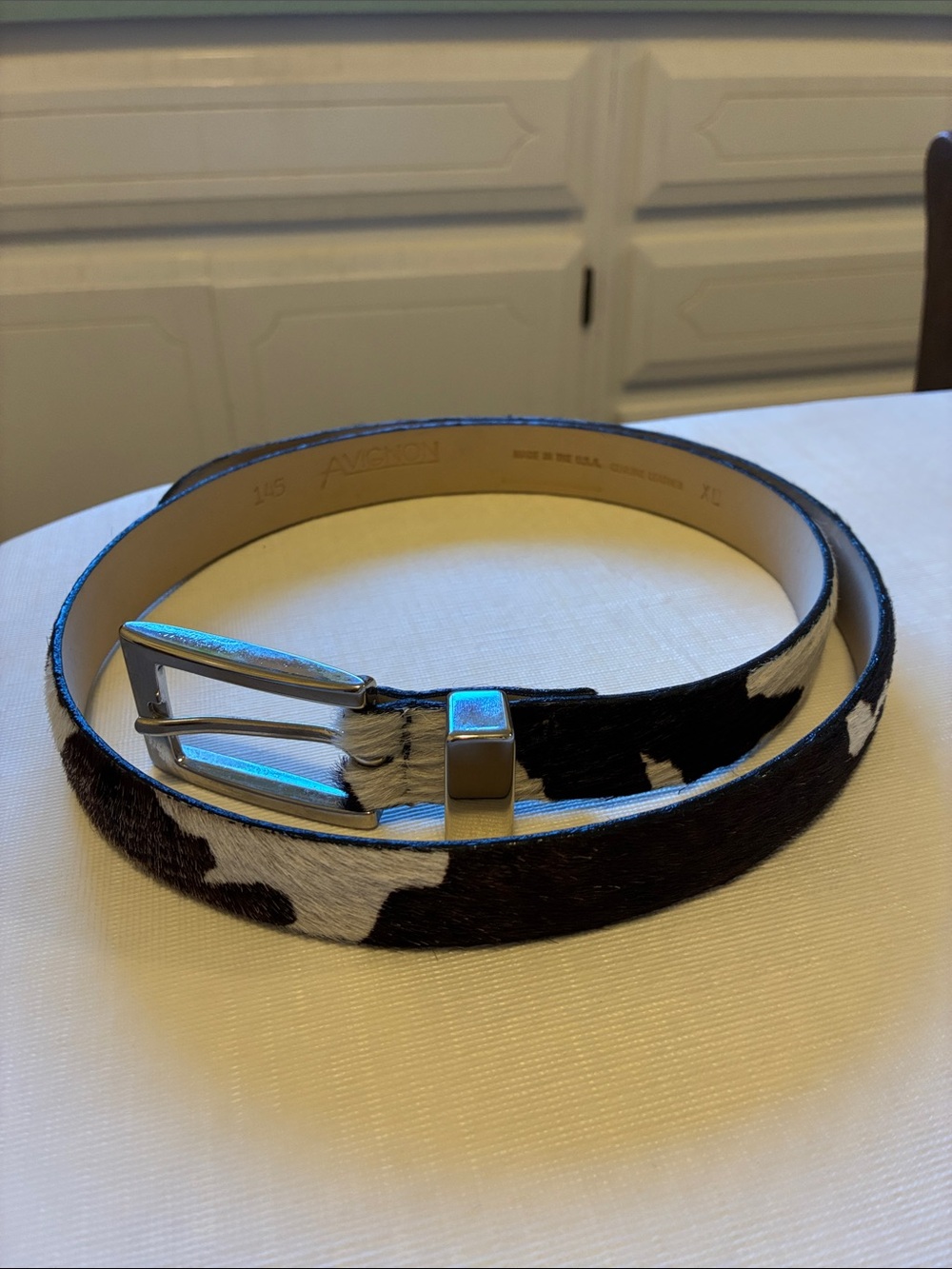Avignon Women’s Black and White Haircalf Genuine Leather Belt with Silver Buckle